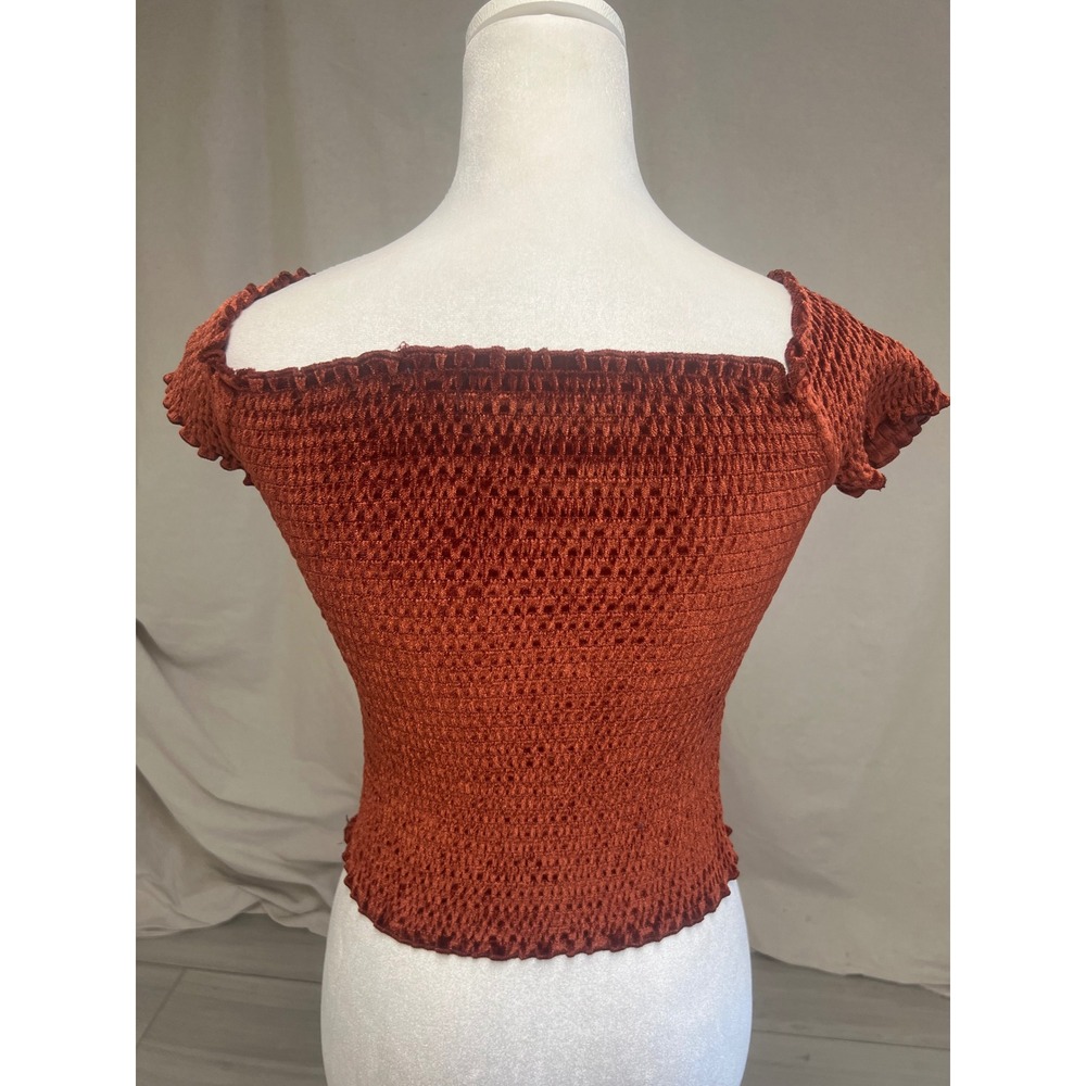 Retro Y2K Smocked Crop Top Rust Orange Velvet Short Sleeve Sz XS Festival Party - Picture 3 of 6